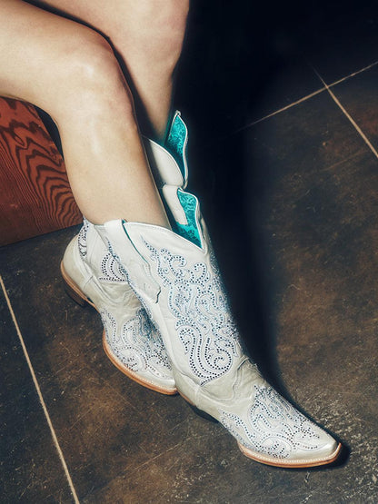 Women's Corral White Genuine Leather Boots with Embroidery & Crystals featuring white leather, ornate stitched embroidery, and snip toes