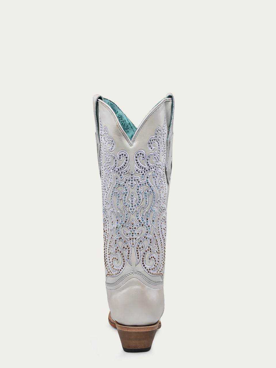 Women's Corral White Genuine Leather Boots with Embroidery & Crystals featuring ornate white embroidery, crystals, and snip toe