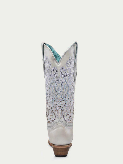 Women's Corral White Genuine Leather Boots with Embroidery & Crystals featuring ornate white embroidery, crystals, and snip toe