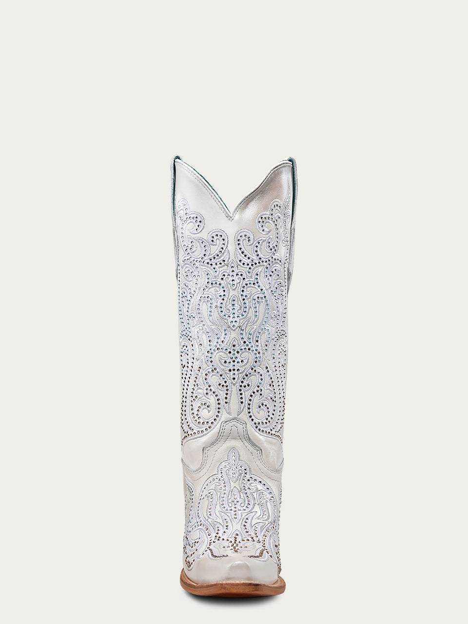 Women's Corral White Genuine Leather Boots with Embroidery & Crystals, tall white leather boot with paisley embroidery