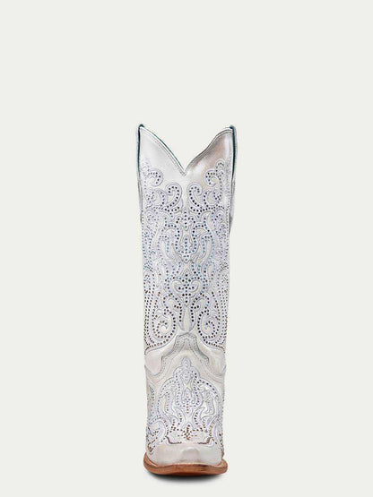 Women's Corral White Genuine Leather Boots with Embroidery & Crystals, tall white leather boot with paisley embroidery