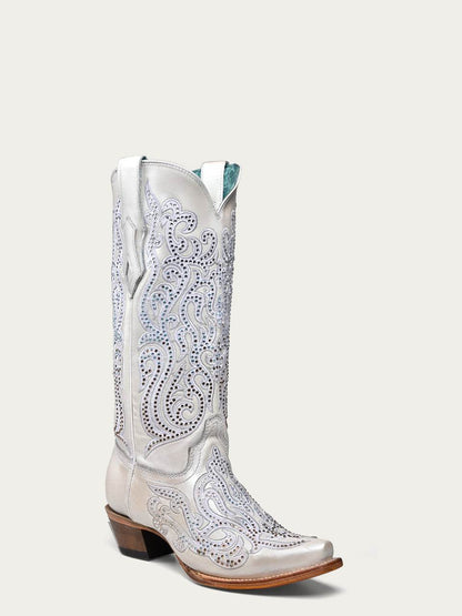 Women's Corral White Genuine Leather Boots with Embroidery & Crystals, white leather snip-toe boot with paisley embroidery