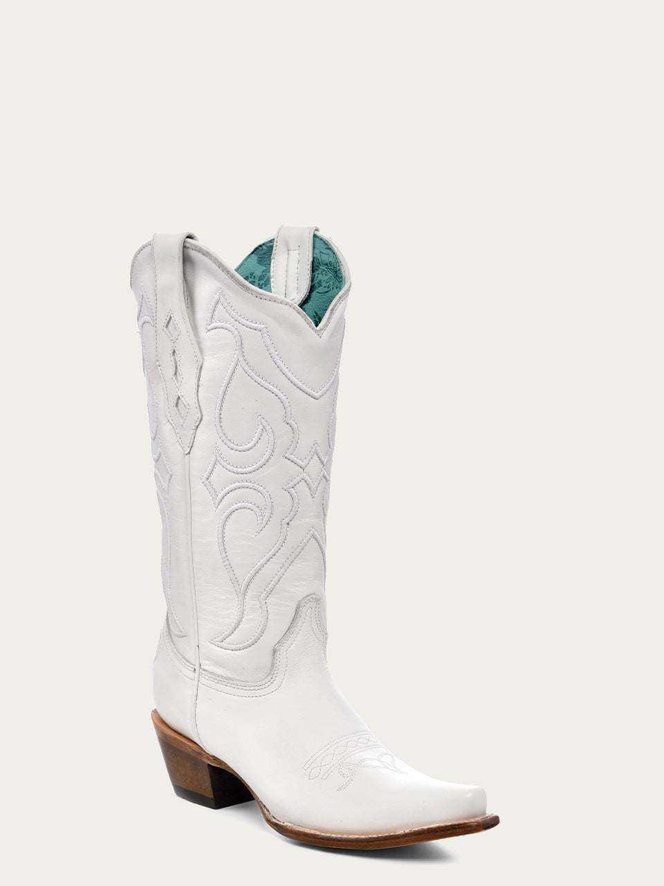 Women's Corral White Genuine Leather Boots with Embroidery, featuring white leather, ornate western stitching, snip toe and stacked heel
