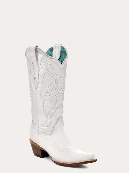 Women's Corral White Genuine Leather Boots with Embroidery, featuring white leather, ornate western stitching, snip toe and stacked heel