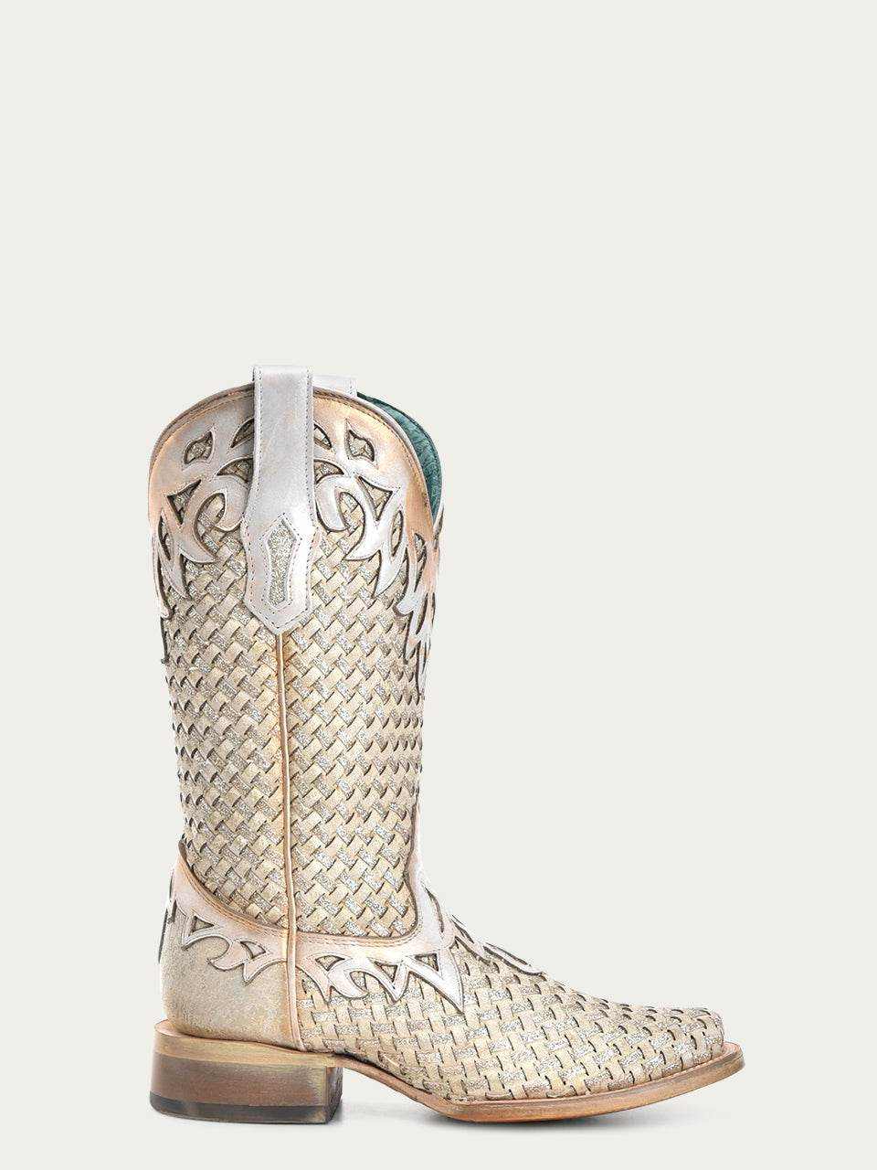 Women's Corral White Genuine Leather Boots with Glitter Woven, square-toe Western boots with woven shaft and vamp