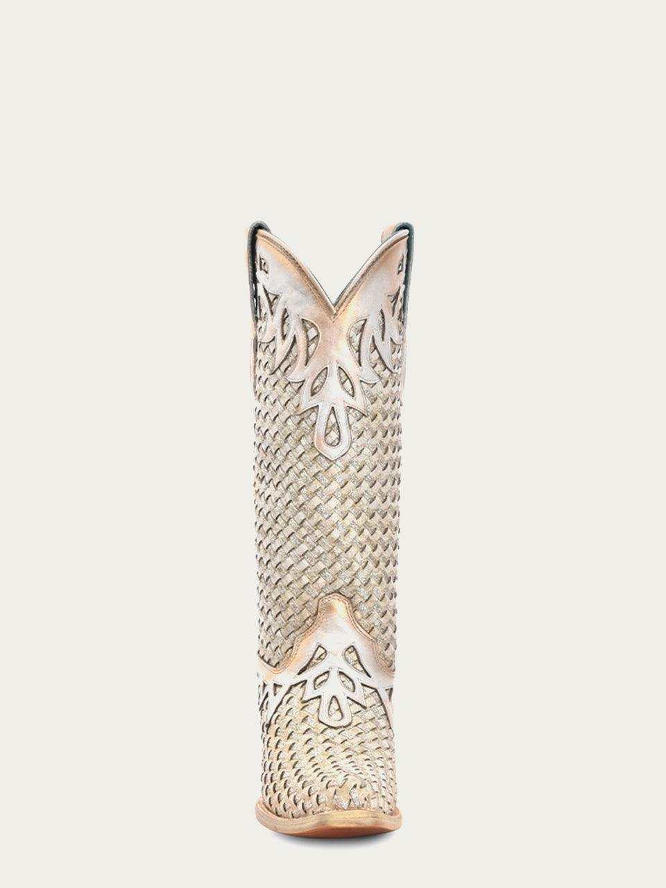 Women's Corral White Genuine Leather Boots with Glitter, woven leather shaft with ornate floral overlays and pointed top