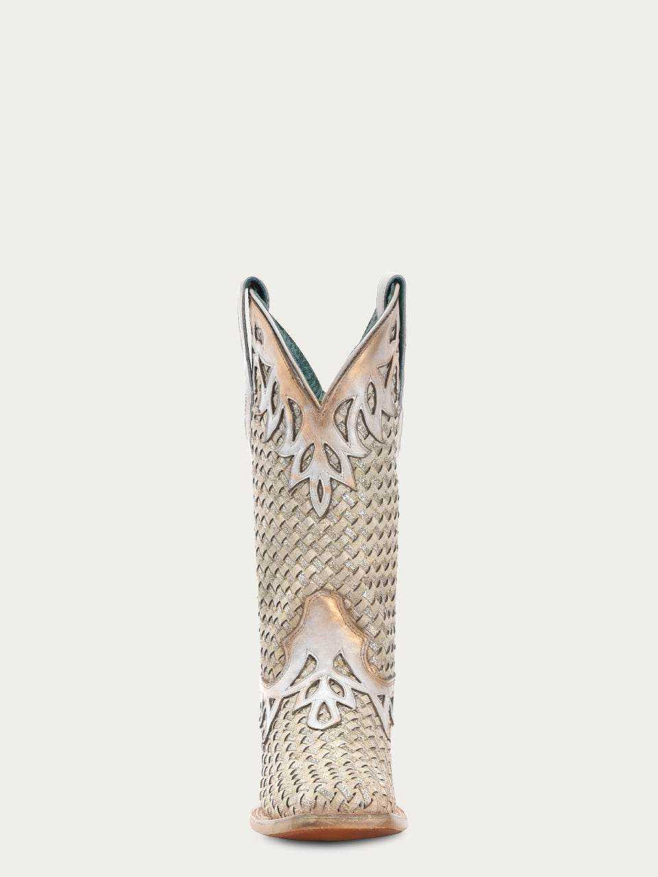 Women's Corral White Genuine Leather Boots with Glitter Woven, featuring a tall shaft and ornate cutout overlay