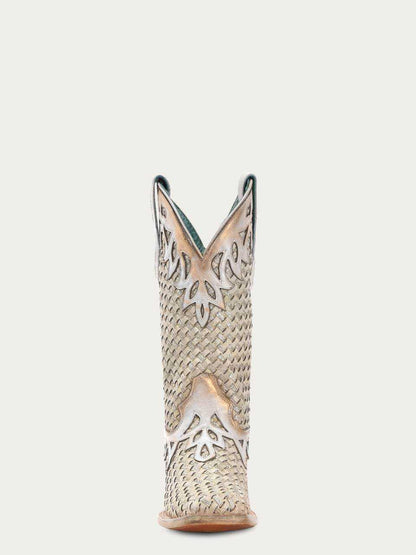 Women's Corral White Genuine Leather Boots with Glitter Woven, featuring a tall shaft and ornate cutout overlay