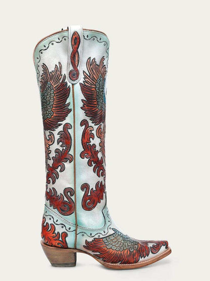 Women's Corral White Genuine Leather Boots Hand Tooled with white leather, red and blue phoenix artwork, and a snip toe