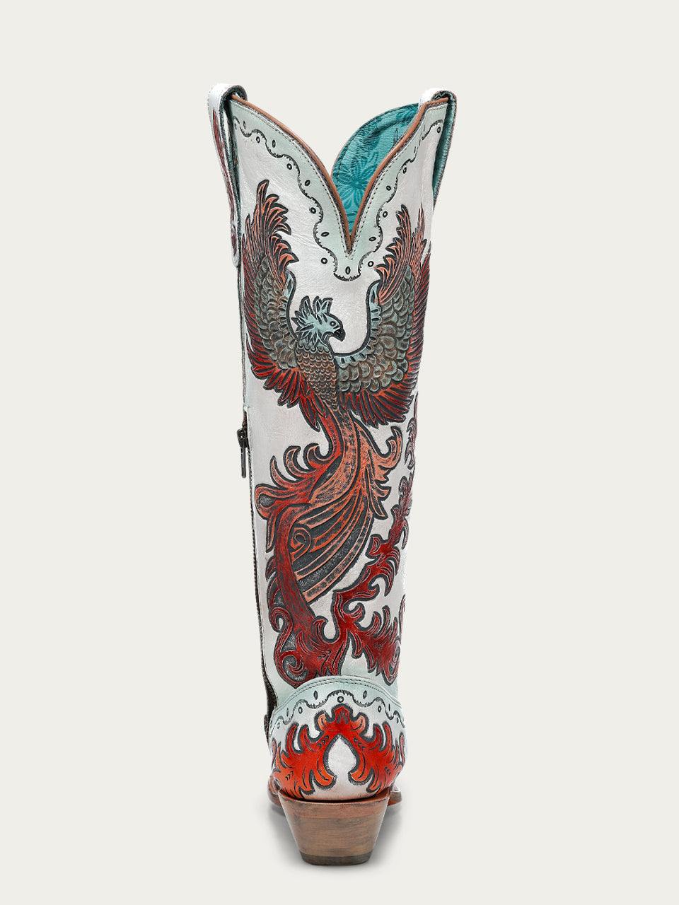 Women's Corral White Genuine Leather Boots Hand Tooled feature white leather shafts with an ornate red and brown phoenix and turquoise lining.