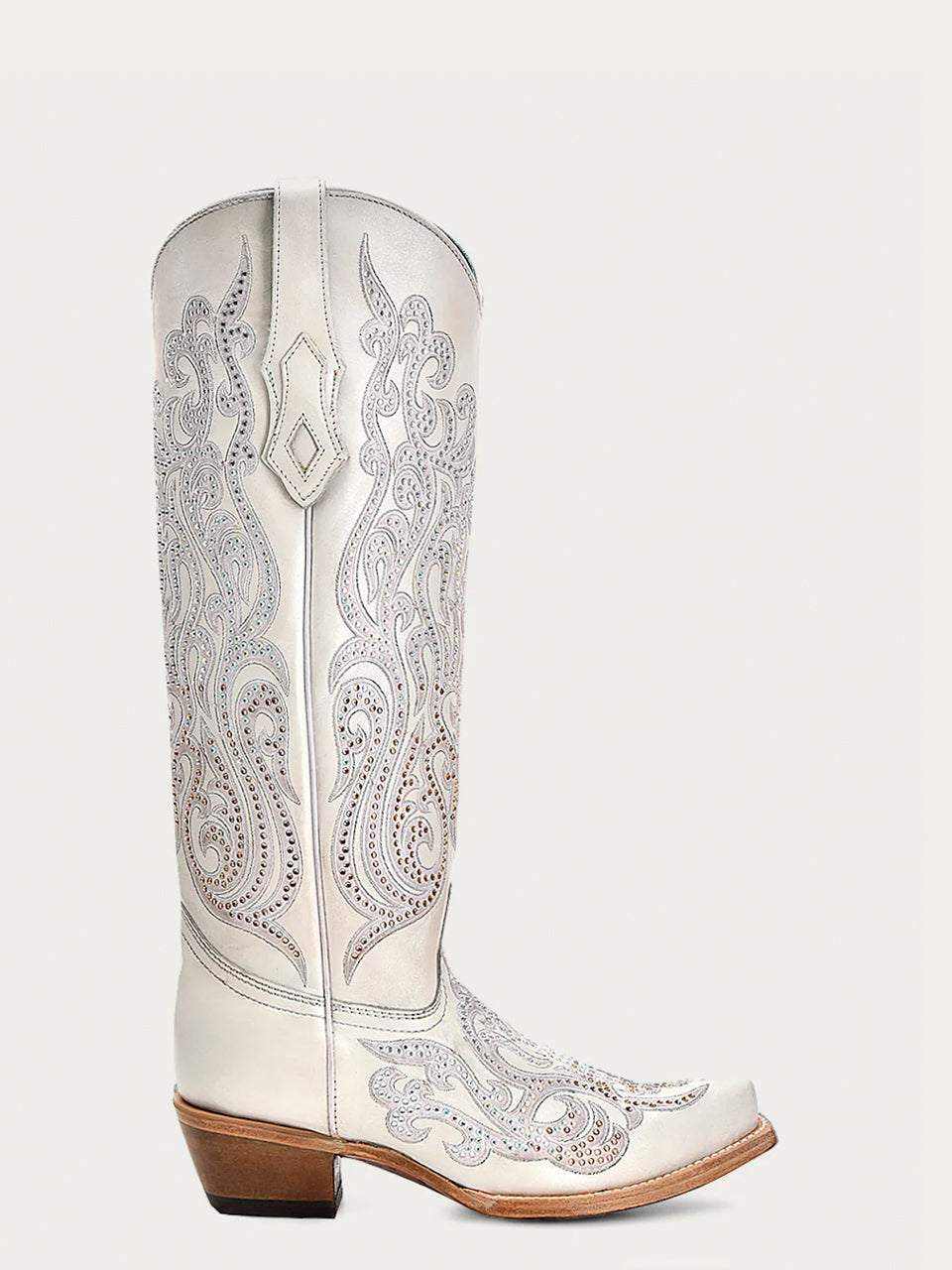 Women's Corral White Genuine Leather Boots with Overlay & Crystals featuring white paisley embroidery and snip toe