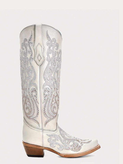 Women's Corral White Genuine Leather Boots with Overlay & Crystals featuring white paisley embroidery and snip toe