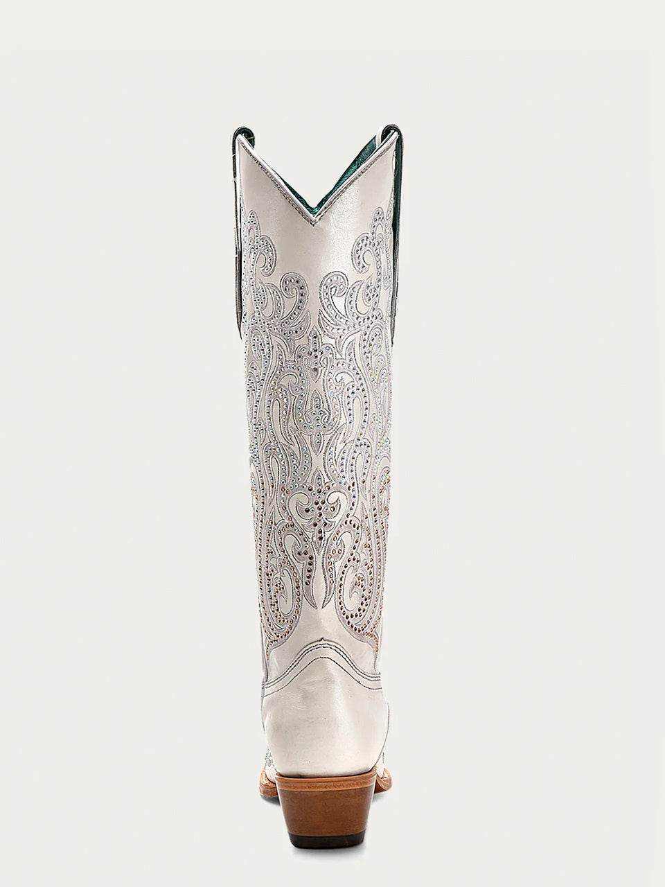 Women's Corral White Genuine Leather Boots with Overlay & Crystals, tall white leather boots with paisley embroidery and snip toe