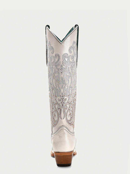 Women's Corral White Genuine Leather Boots with Overlay & Crystals, tall white leather boots with paisley embroidery and snip toe