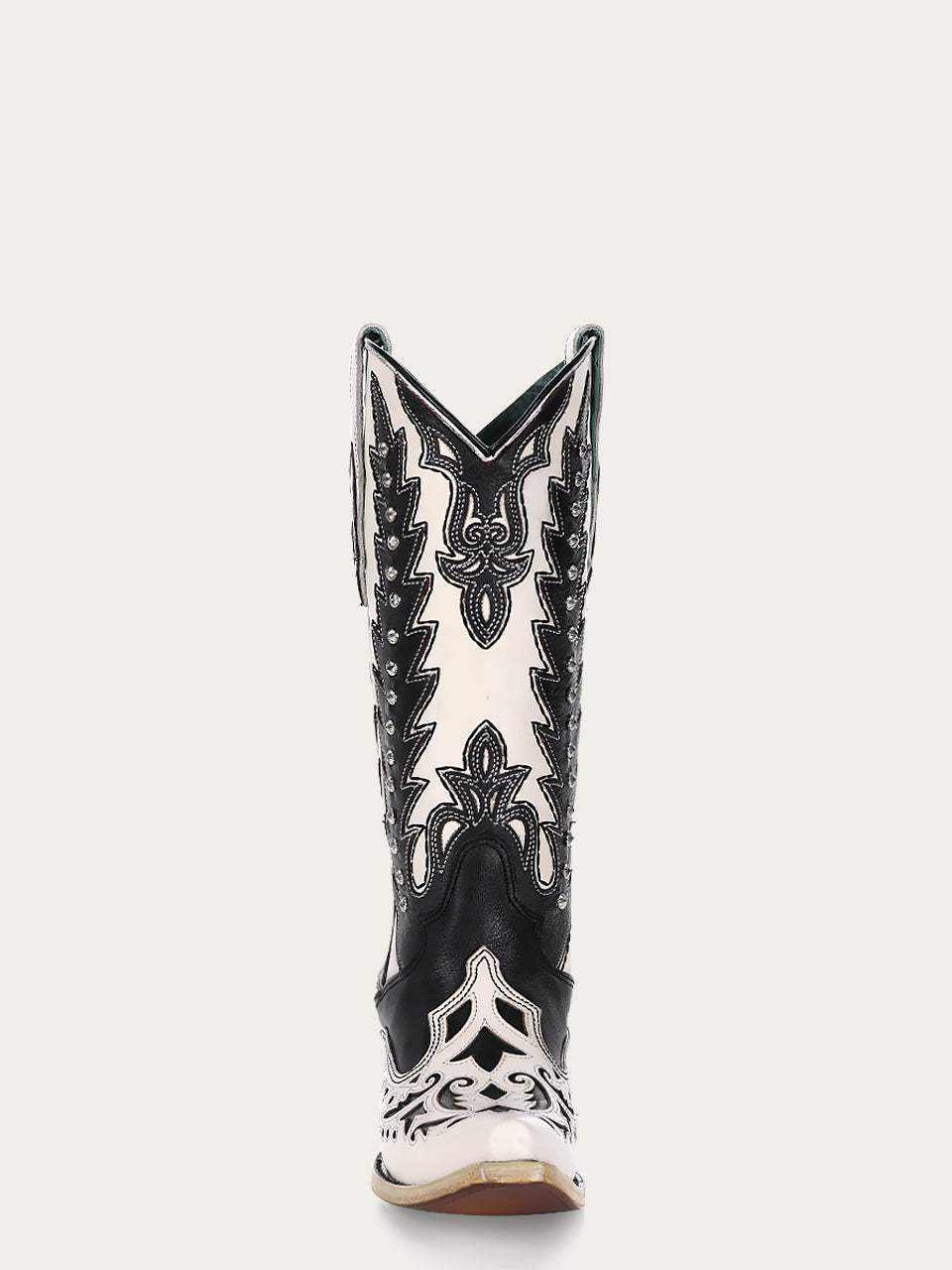 Women's Corral White Genuine Leather Boots with Black Embroidery & Overlay, ornate black western shaft and pointed toe
