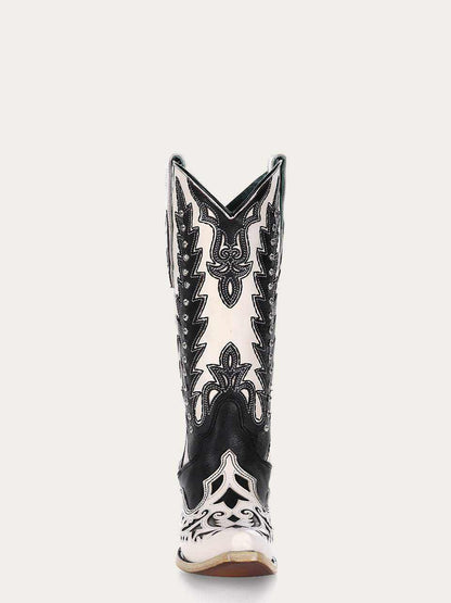 Women's Corral White Genuine Leather Boots with Black Embroidery & Overlay, ornate black western shaft and pointed toe