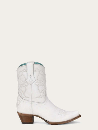 Women's Corral White Genuine Leather Boots with Embroidery, white leather ankle boot with raised western stitching and snip toe