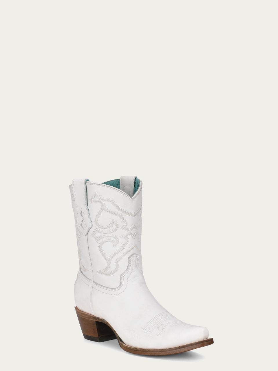 Women's Corral White Genuine Leather Boots with Embroidery, white leather western boots with subtle stitched detailing and snip toe