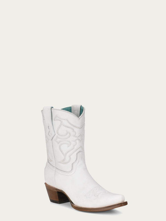 Women's Corral White Genuine Leather Boots with Embroidery, white leather western boots with subtle stitched detailing and snip toe