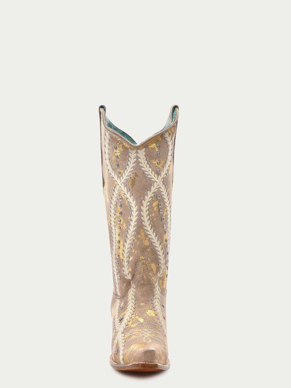 Women's Corral White Genuine Leather Boots with Golden feature tan leather, pale embroidery and small metallic embellishments.