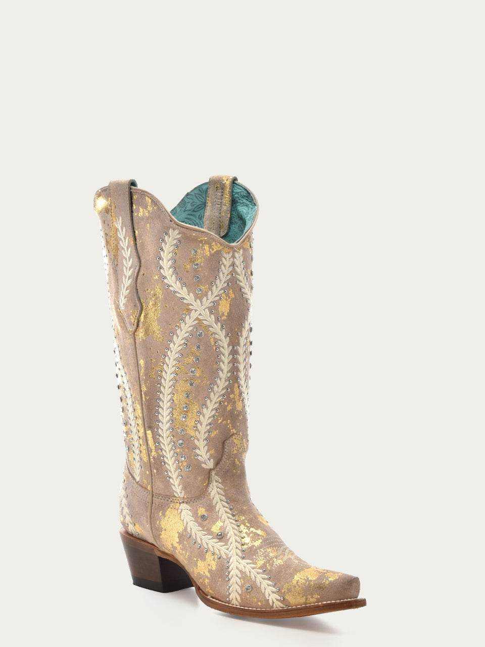 Women's Corral White Genuine Leather Boots with Golden accents, shown as taupe leather cowboy boots with cream embroidery and pull tabs.