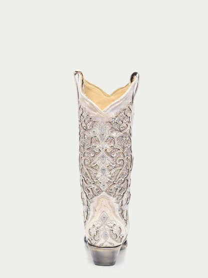 Women's Corral White Leather Boots featuring tall white leather shaft with intricate embroidery, glittered inlays, crystals, and dual pull-on straps