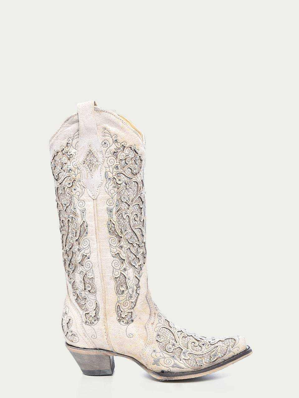 Women's Corral White Leather Boots with tall shaft, intricate glittered inlays, embroidery, crystals, snip toe, and stacked heel