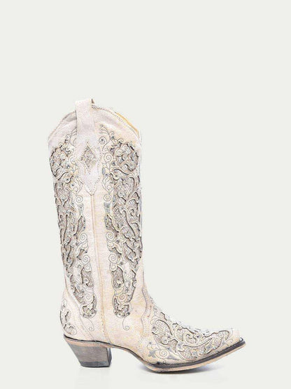 Women's Corral White Leather Boots with tall shaft, intricate glittered inlays, embroidery, crystals, snip toe, and stacked heel