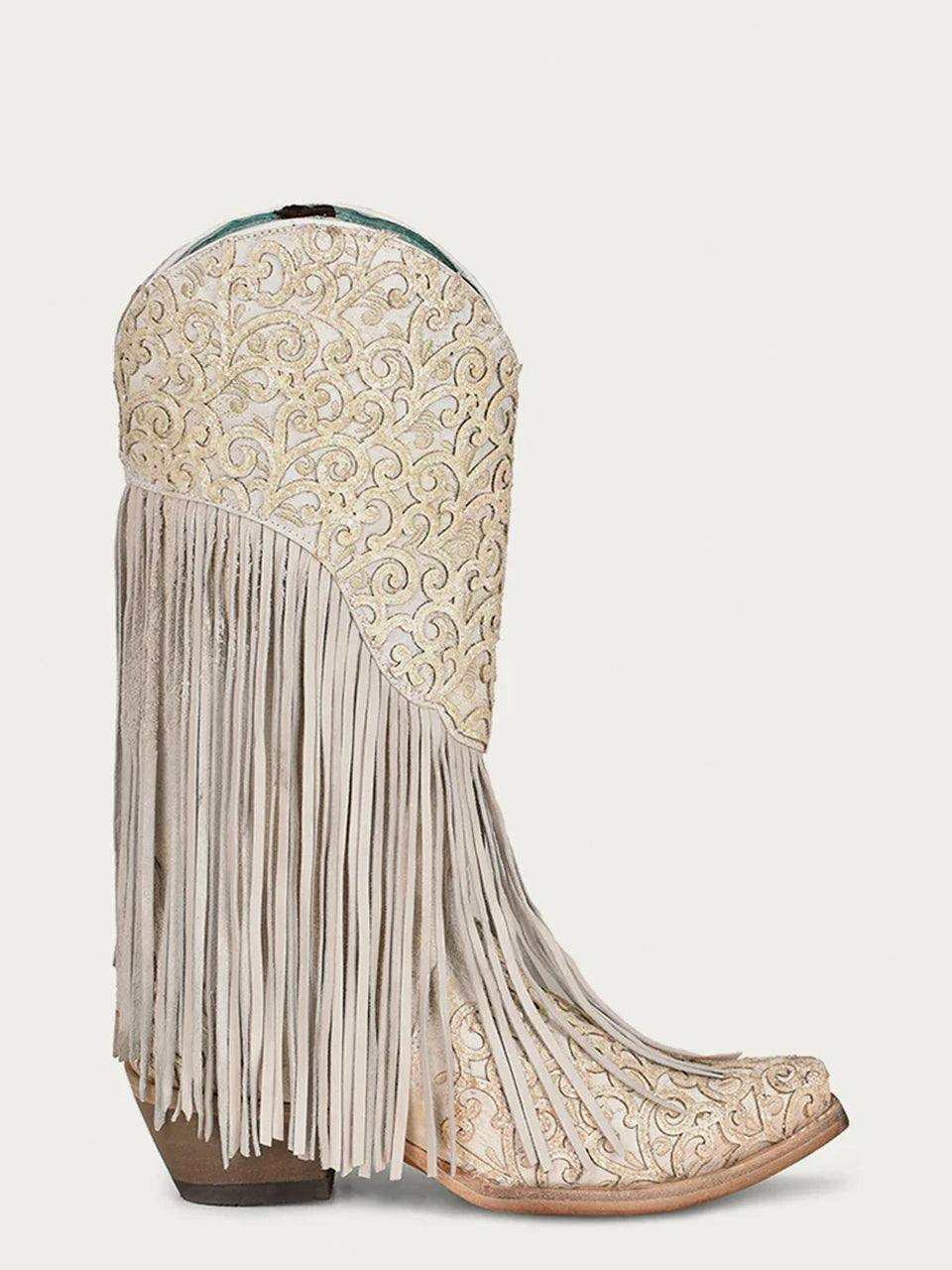 Women's Corral White Leather Boots with Overlay & Embroidery & Fringes featuring ornate embroidery and long cascading fringe