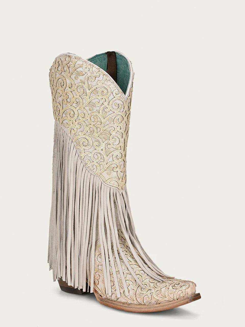 Women's Corral White Leather Boots with Overlay & Embroidery & Fringes, ornate white leather with long fringe