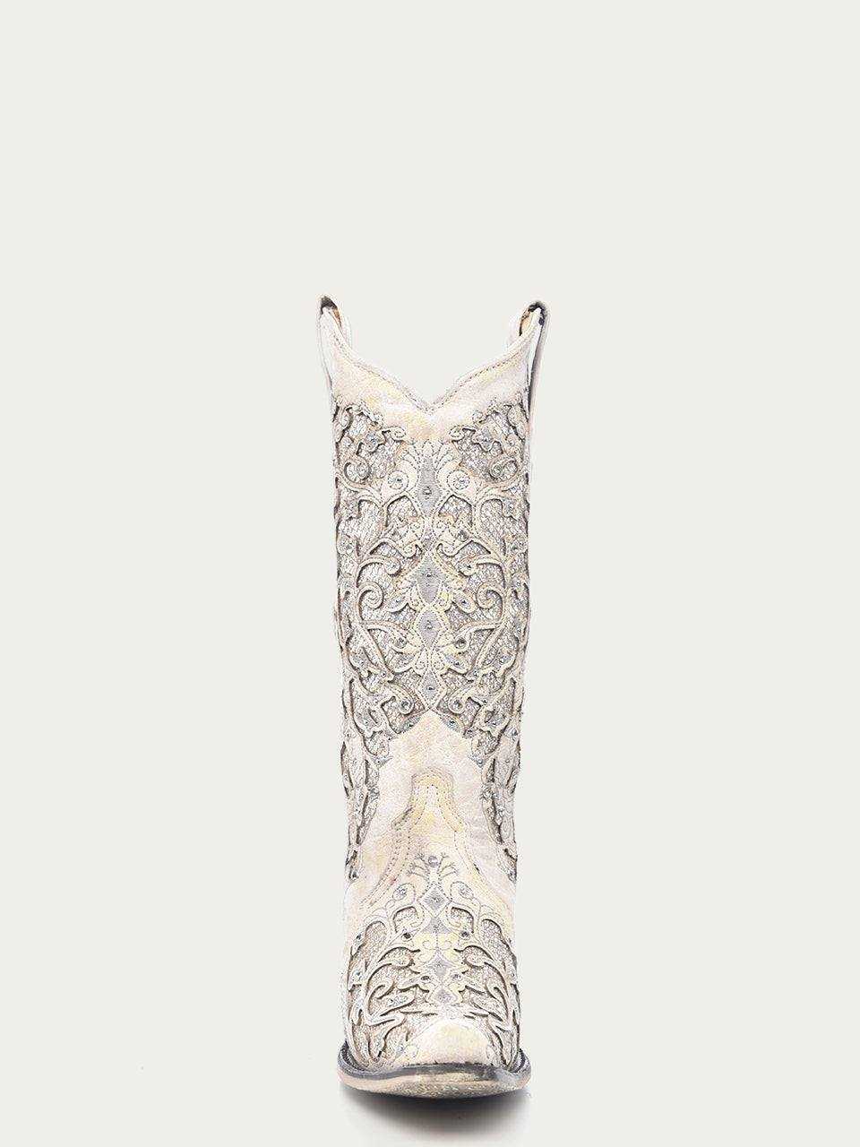 Women's Corral White Leather Boots featuring tall shaft, snip toe, intricate embroidery, glittered inlays, and crystals