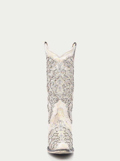 Women's Corral White Leather Boots featuring tall shaft, snip toe, intricate embroidery, glittered inlays, and crystals