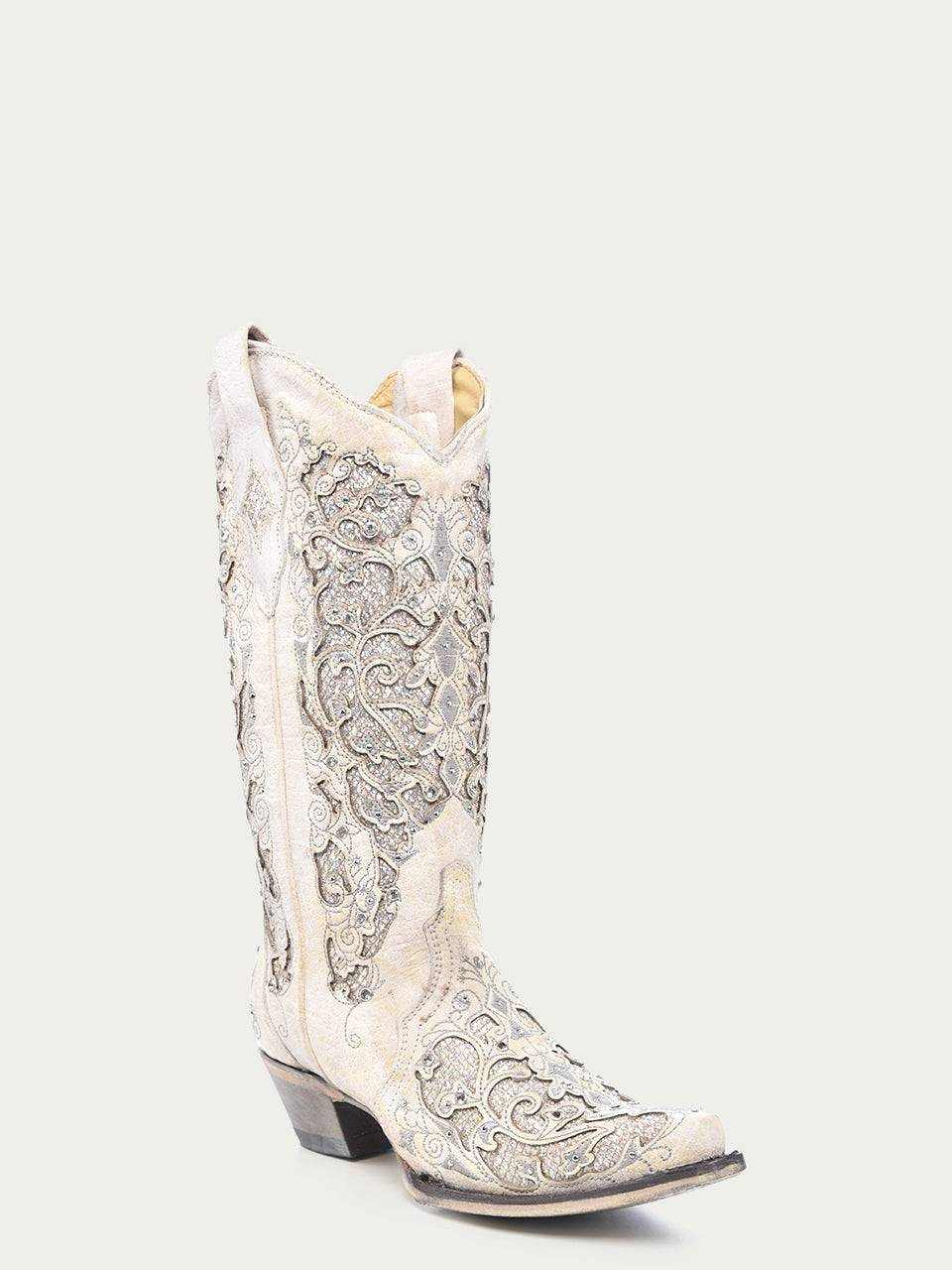 Women's Corral White Leather Boots featuring tall shaft, glittered inlays, detailed embroidery, crystals, and snip toe design