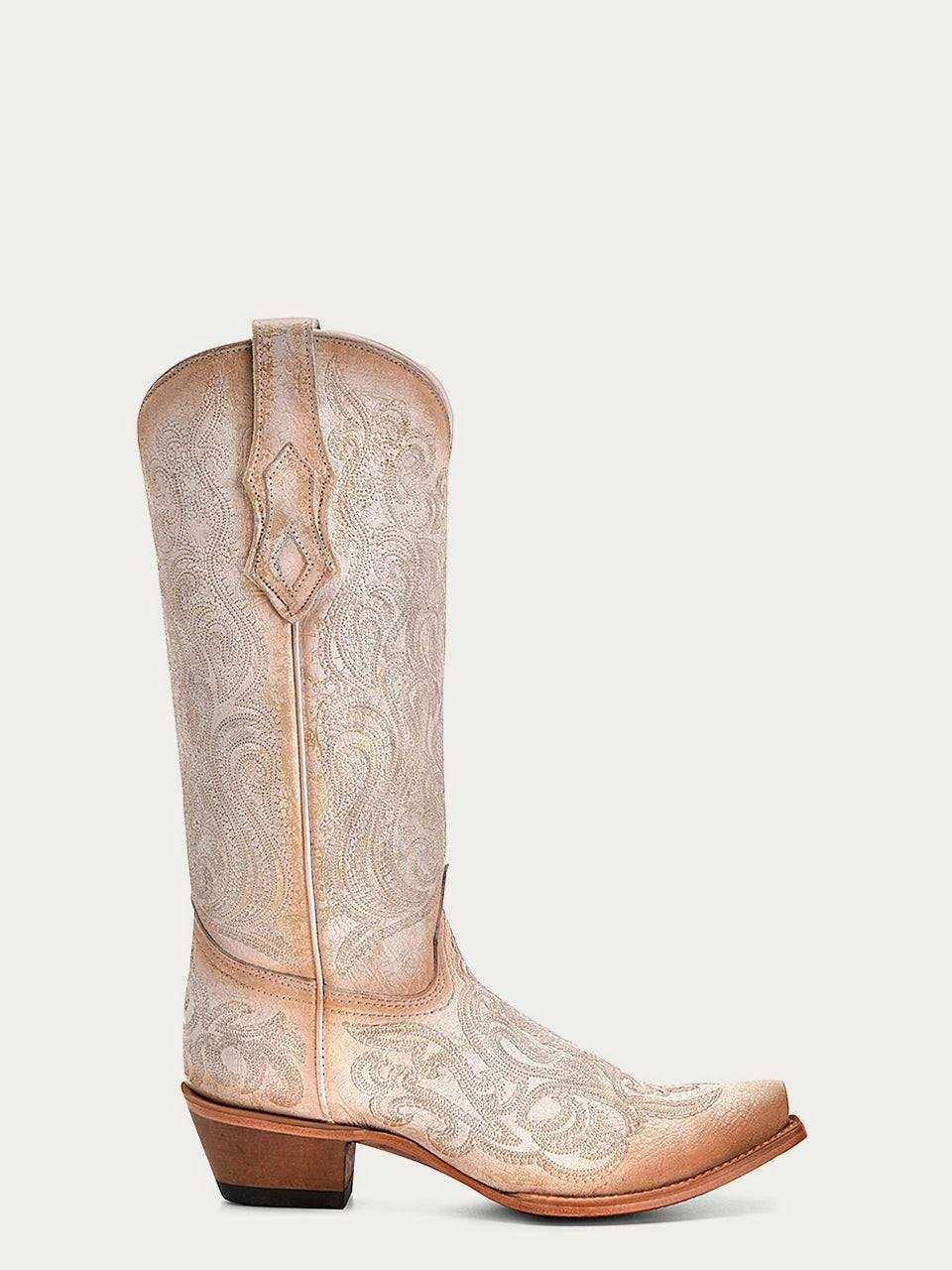 Women's Corral White-Pink Genuine Leather Boots featuring luminescent floral embroidery, 13-inch shaft, snip toe, and 2-inch stacked heel