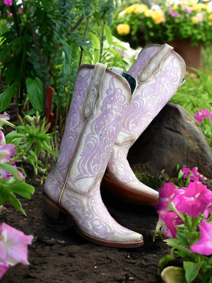Women's Corral White-Pink Genuine Leather Boots with luminescent pink embroidery, 13-inch shaft, snip toe, and 2-inch stacked heel
