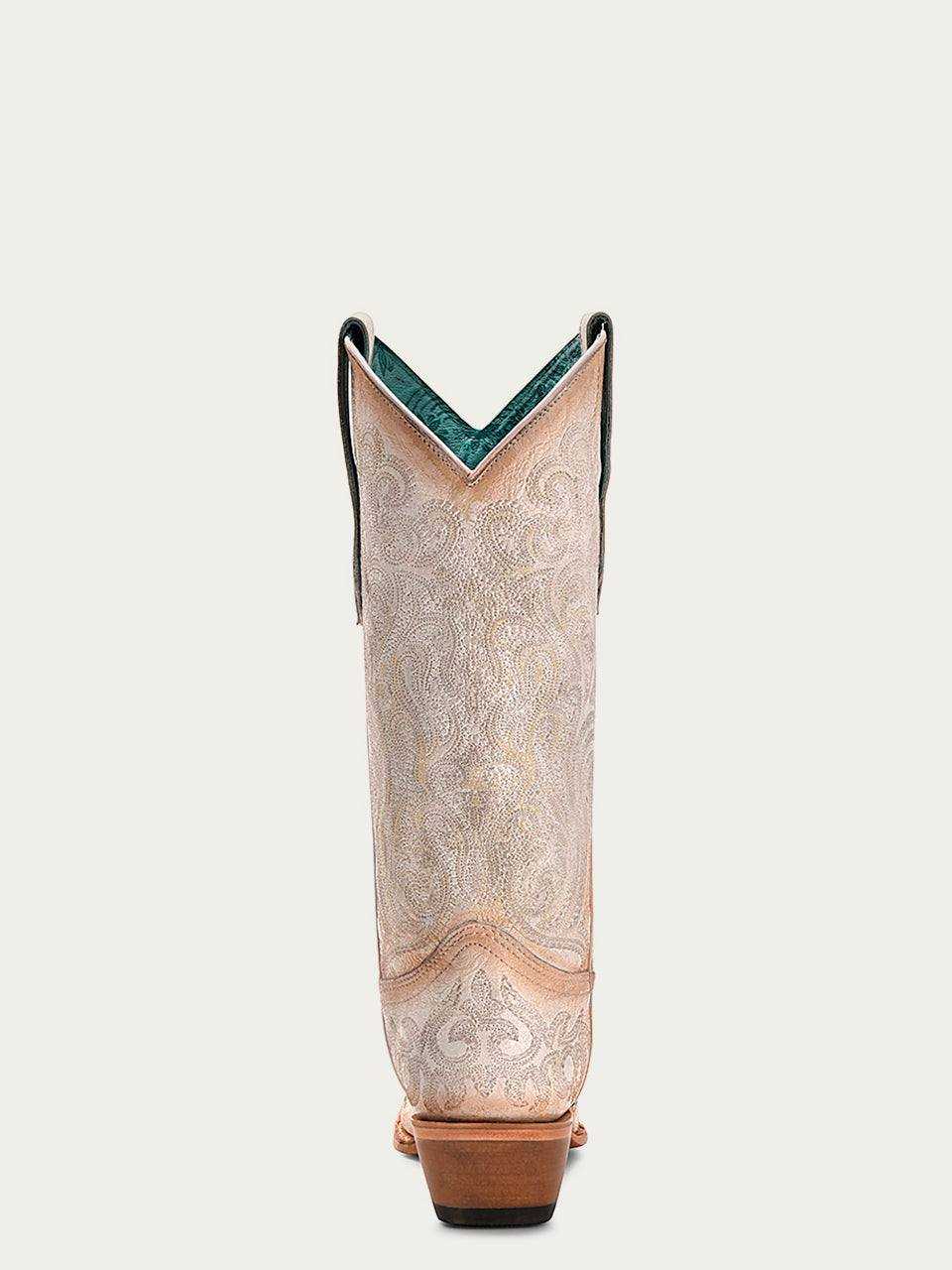 Women's Corral White-Pink Genuine Leather Boots with luminescent embroidery, 13-inch shaft, snip toe, and 2-inch stacked heel