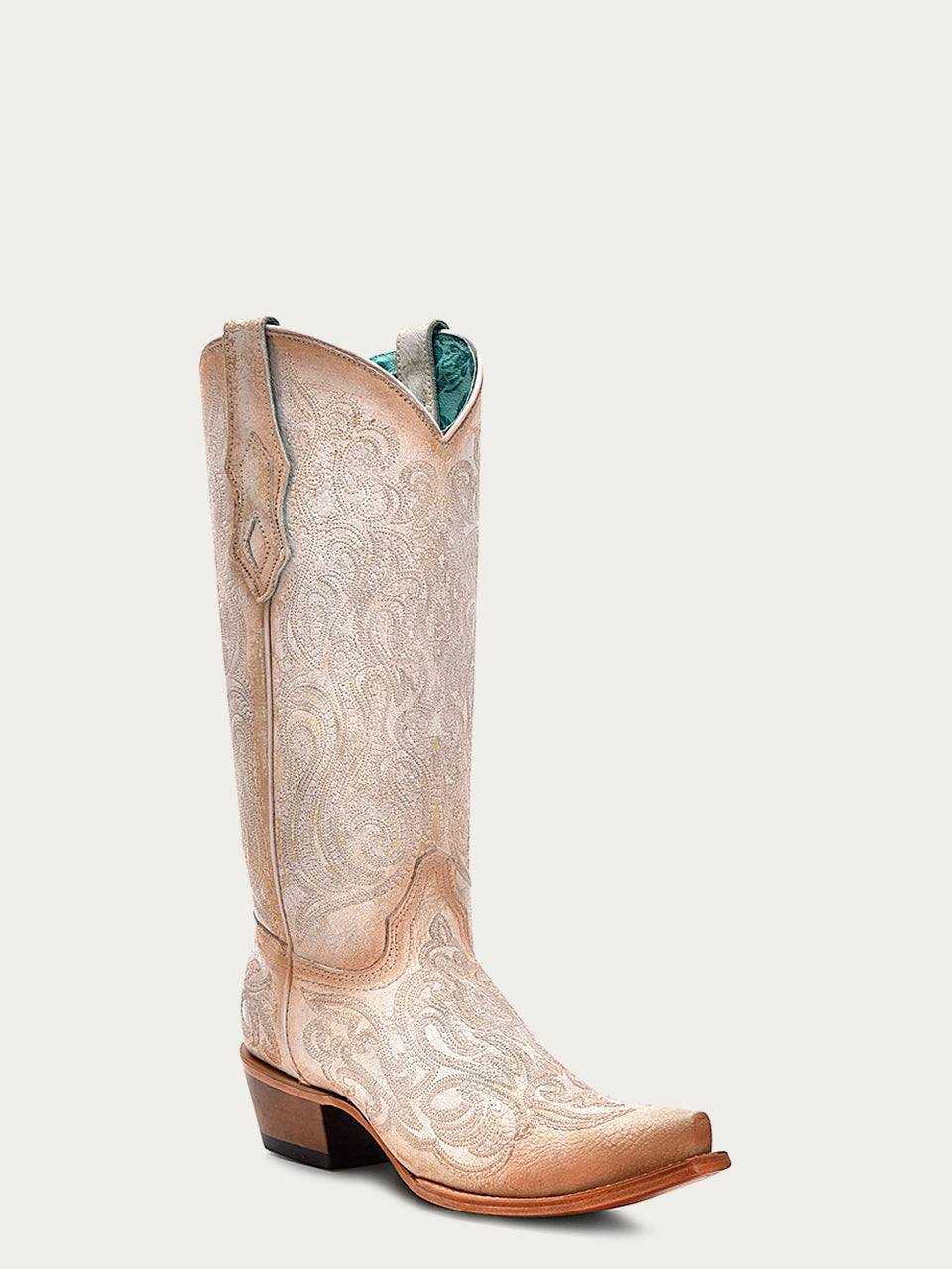 Women's Corral White-Pink Genuine Leather Boots with Luminescent Embroidery