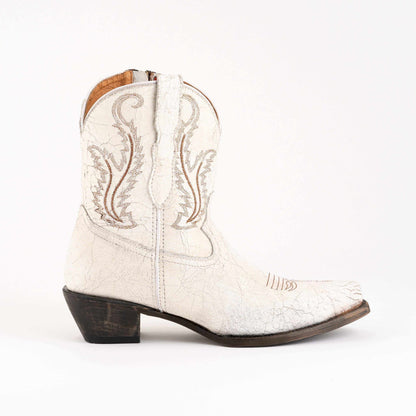 Women's Ferrini Molly Leather Booties in distressed white leather with embroidered scrollwork, pointed toe and low dark heel