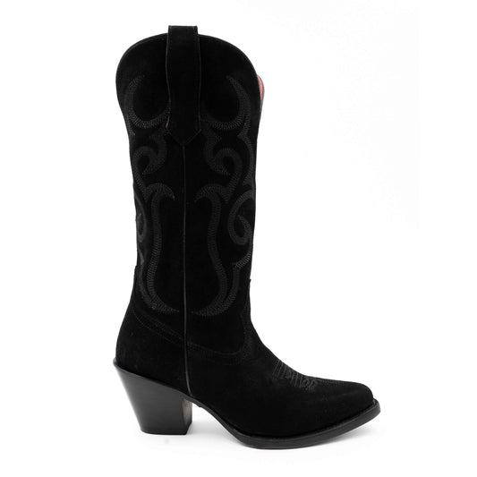 Women's Ferrini Quinn Leather Boots in black leather with tonal stitched scrollwork, snip toe, and cowboy heel