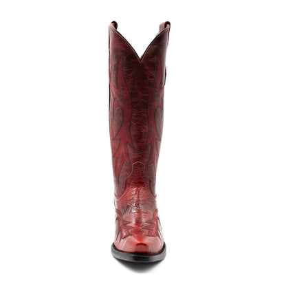 Women's Ferrini Scarlett Leather Boots in red embossed leather, with tall shafts, intricate stitching and a snip toe.