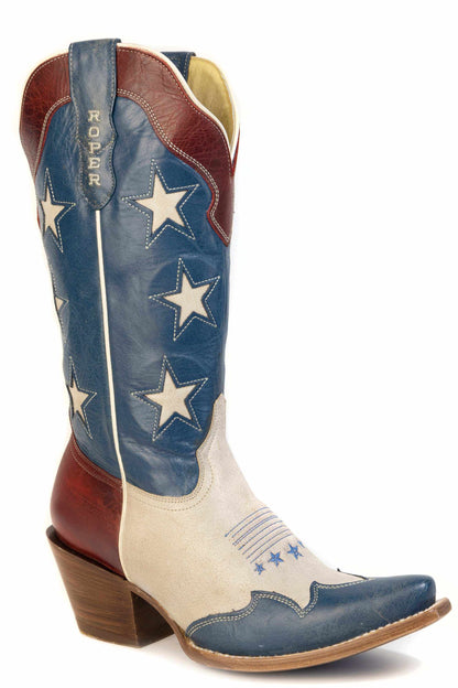 Womens Roper 250 USA handcrafted white leather cowboy boots with blue wingtip and star details