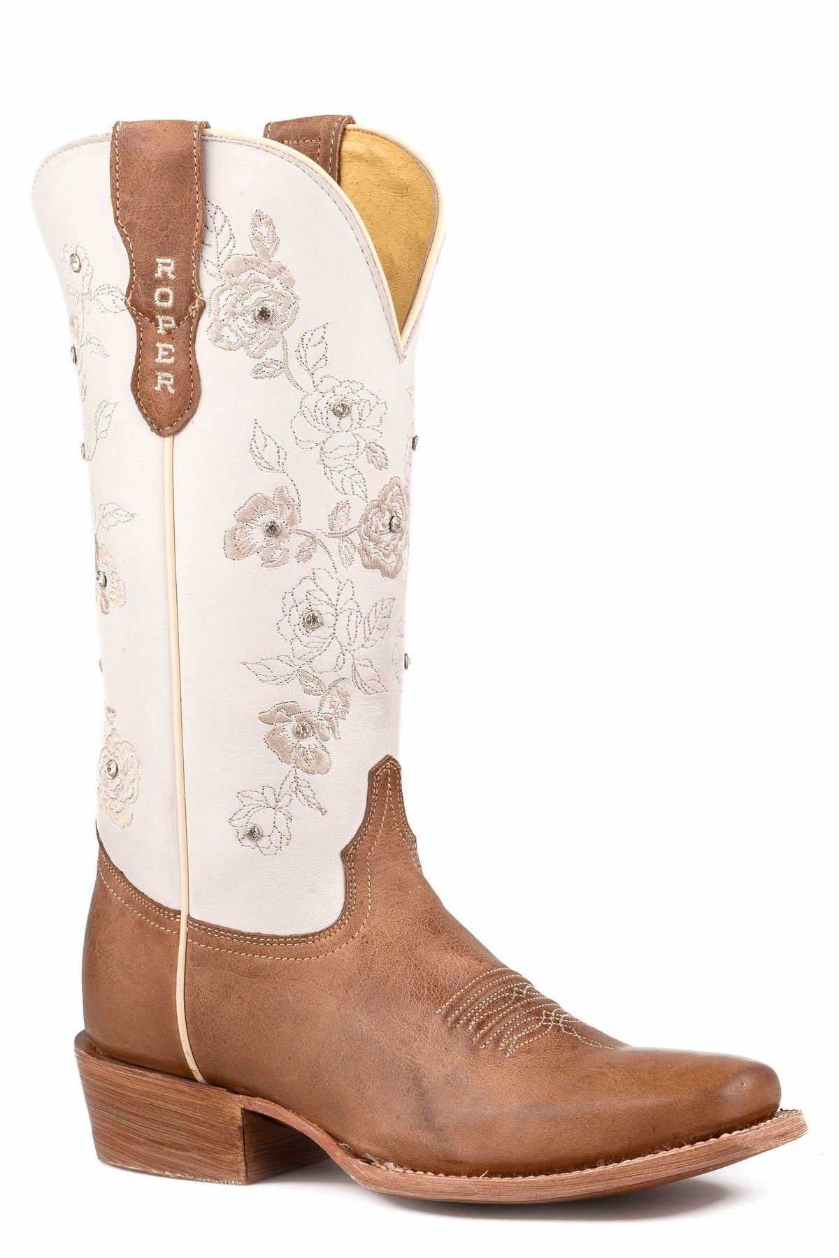 Handcrafted women's roper chloe leather boots in brown with embroidered white shaft