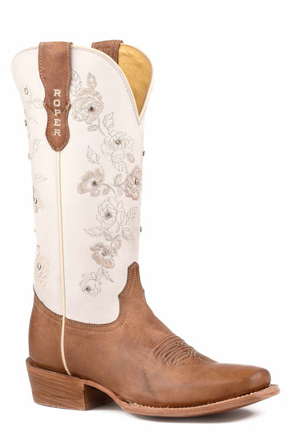 Handcrafted women's roper chloe leather boots in brown with embroidered white shaft