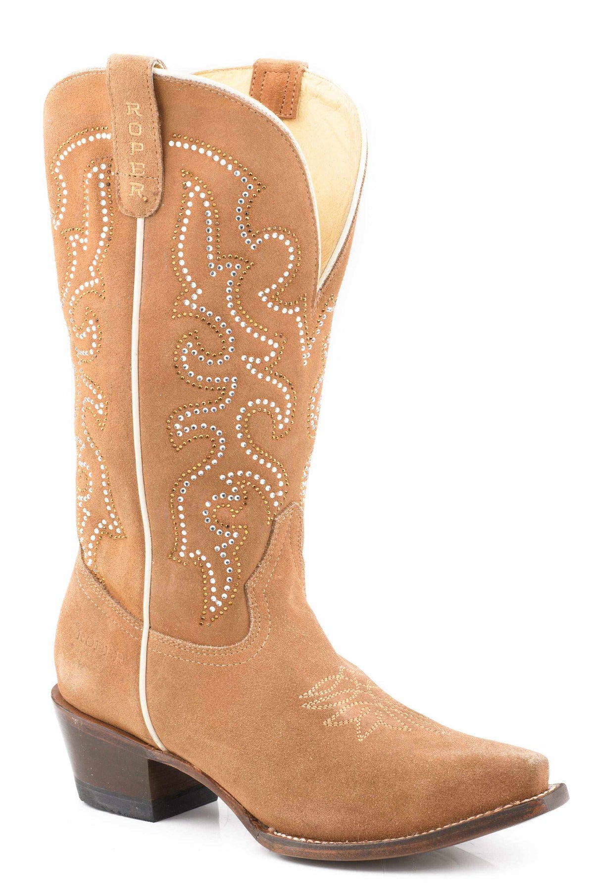 Womens tan suede leather roper boots with crystal design and wide calf