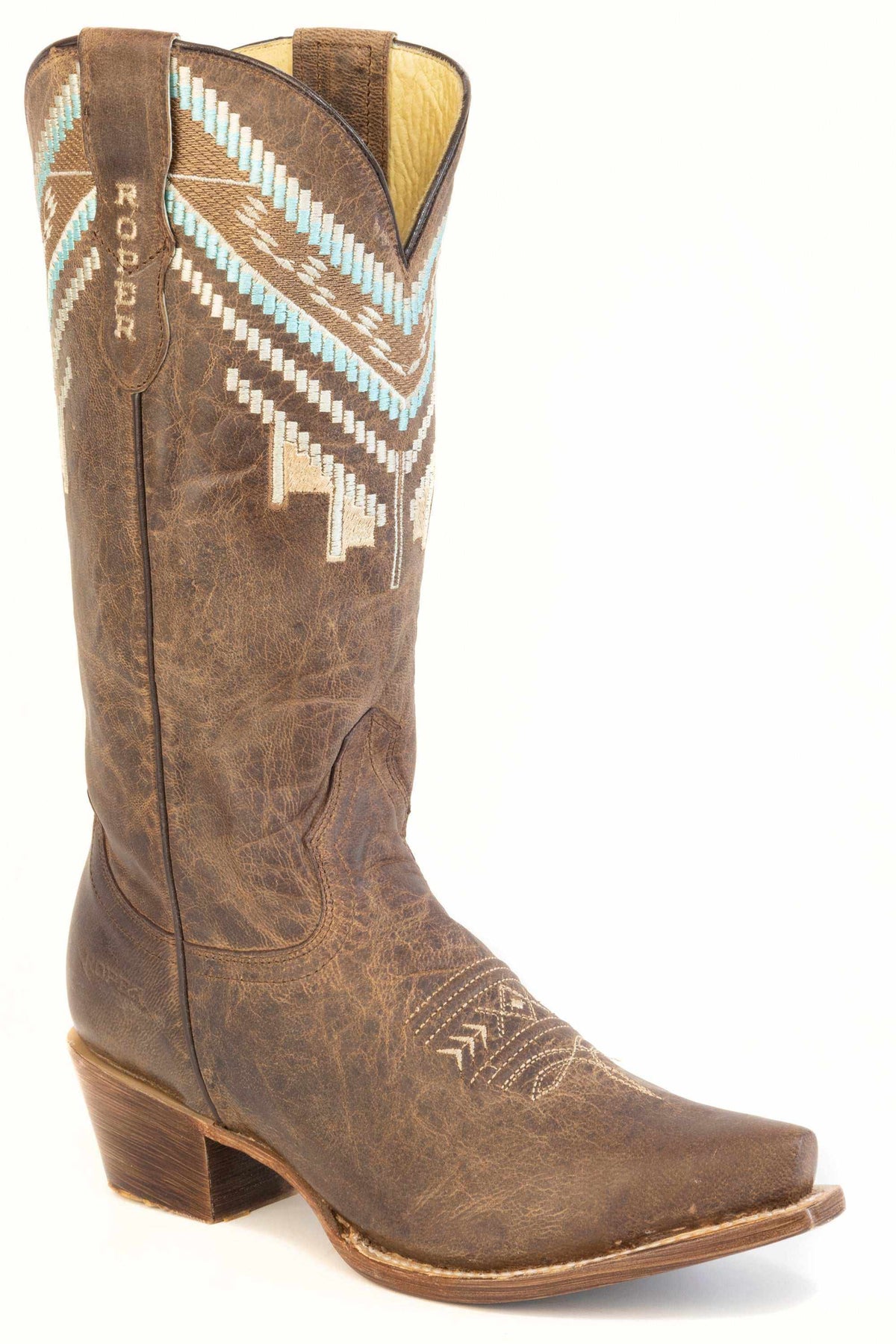 Handcrafted women's roper cowgirl boots in tan goat leather with Aztec embroidery