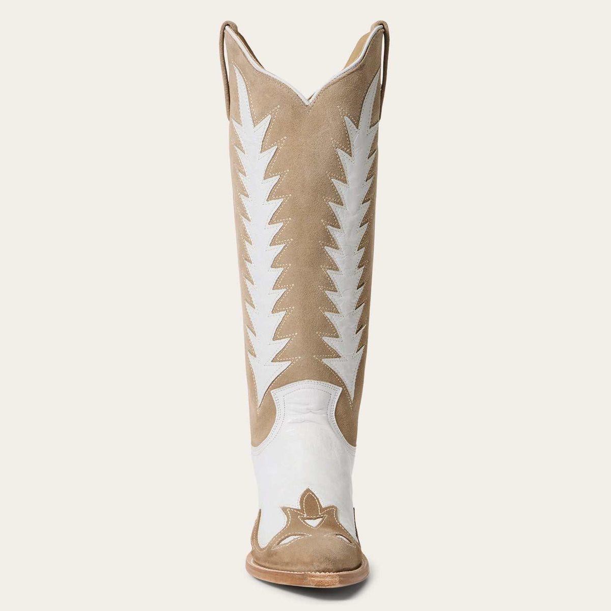 Cream women's Stetson Beth suede boots with 15-inch shaft and flame overlay design