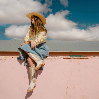 Womens Stetson Beth suede boots in cream with flame overlay and stacked heel