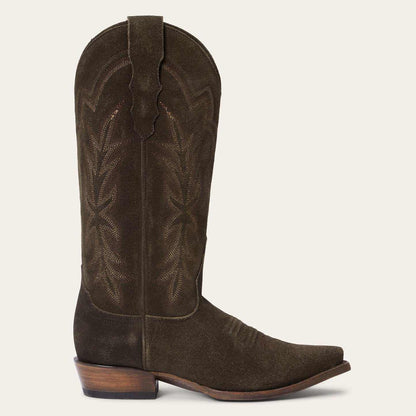 Olive women's Stetson Casey suede snip toe boots with embroidered shaft