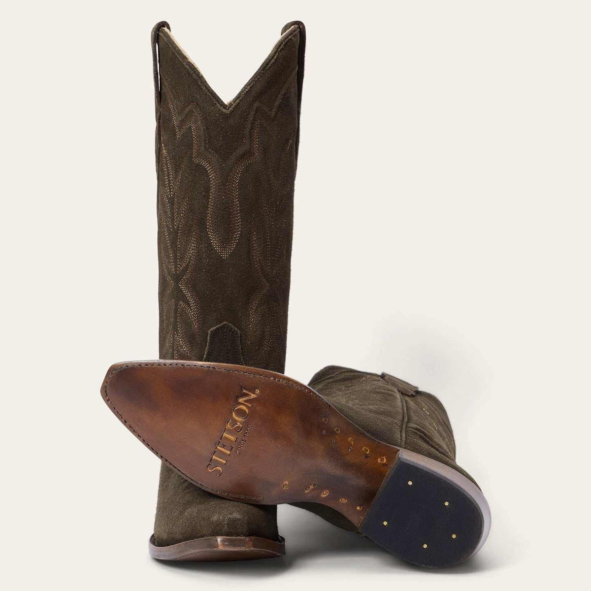 Olive women's Stetson Casey suede boots with snip toe and embroidery