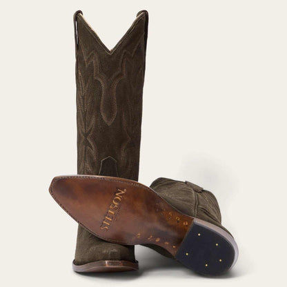 Olive women's Stetson Casey suede boots with snip toe and embroidery